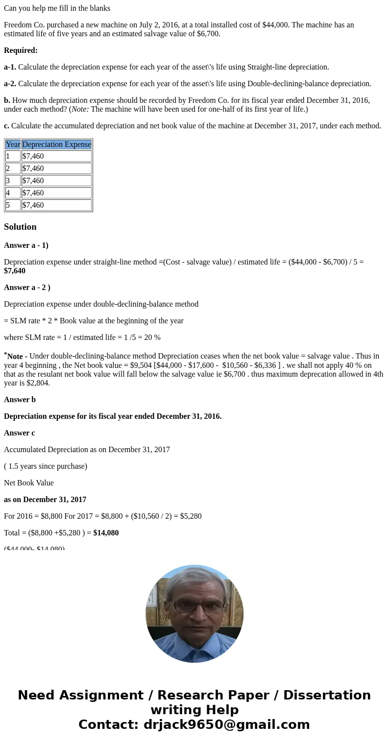 Can you help me fill in the blanks Freedom Co. purchased a new machine on July 2, 2016, at a total installed cost of $44,000. The machine has an estimated life 