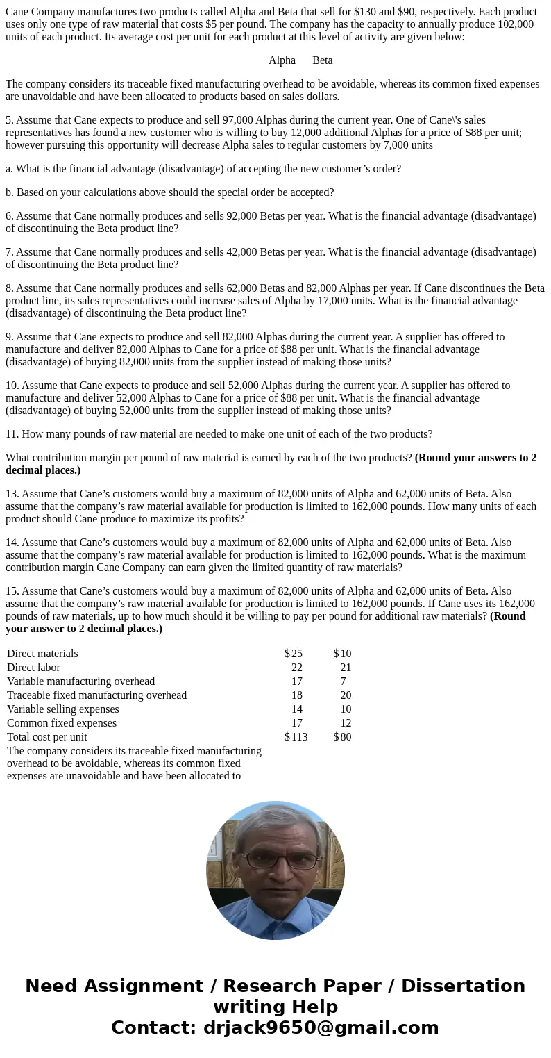 Cane Company manufactures two products called Alpha and Beta that sell for $130 and $90, respectively. Each product uses only one type of raw material that cost