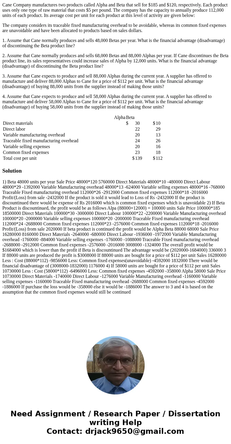 Cane Company manufactures two products called Alpha and Beta that sell for $185 and $120, respectively. Each product uses only one type of raw material that cos