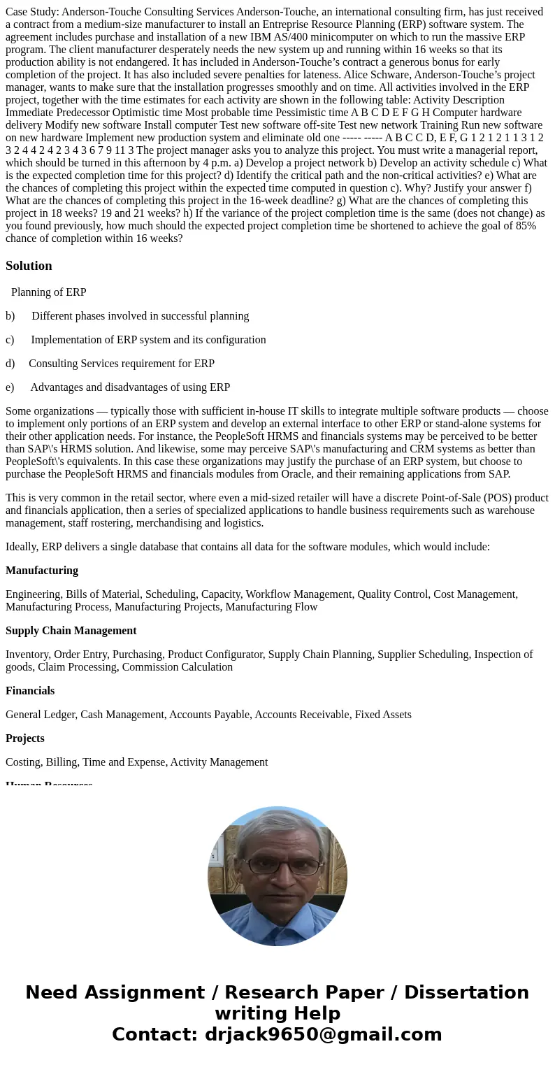 Case Study: Anderson-Touche Consulting Services Anderson-Touche, an international consulting firm, has just received a contract from a medium-size manufacturer 