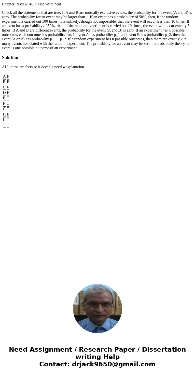 Chapter Review: #8 Please write neat Check all the statements that are true: If A and B are mutually exclusive events, the probability for the event (A and B) i Chapter Review: #8 Please write neat Check all the statements that are true: If A and B are mutually exclusive events, the probability for the event (A and B) i