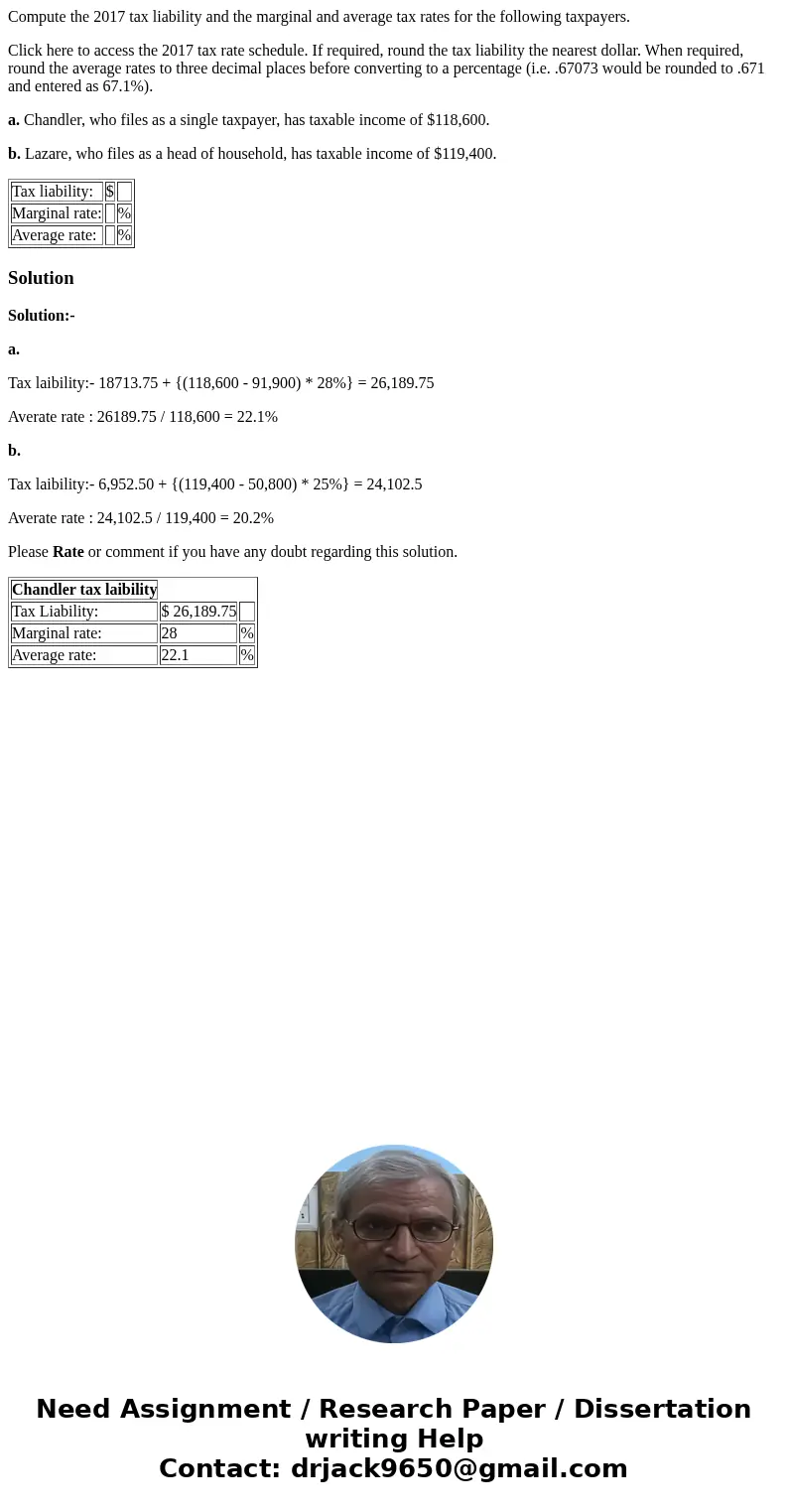 Compute the 2017 tax liability and the marginal and average tax rates for the following taxpayers. Click here to access the 2017 tax rate schedule. If required,