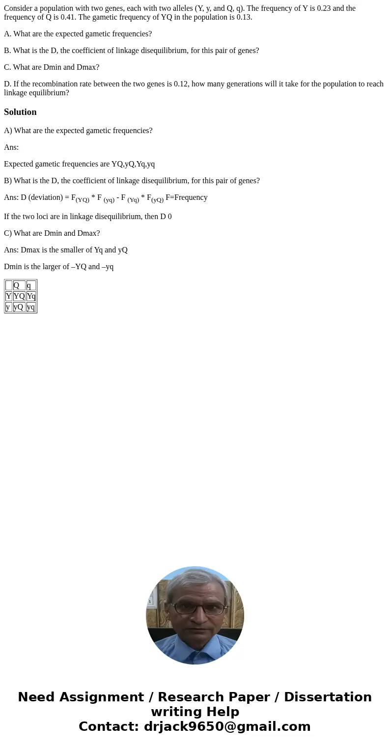 Consider a population with two genes, each with two alleles (Y, y, and Q, q). The frequency of Y is 0.23 and the frequency of Q is 0.41. The gametic frequency o Consider a population with two genes, each with two alleles (Y, y, and Q, q). The frequency of Y is 0.23 and the frequency of Q is 0.41. The gametic frequency o