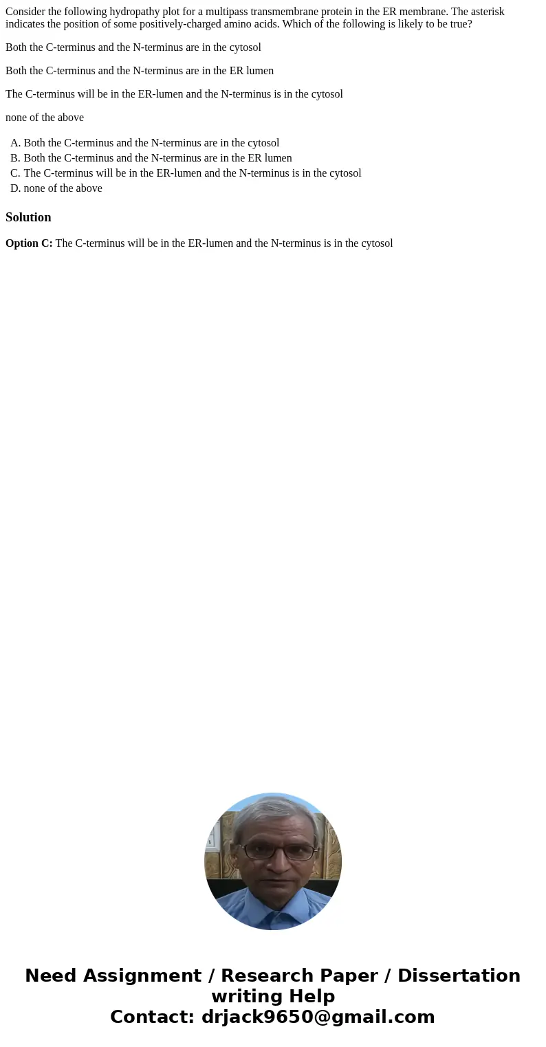Consider the following hydropathy plot for a multipass transmembrane protein in the ER membrane. The asterisk indicates the position of some positively-charged  Consider the following hydropathy plot for a multipass transmembrane protein in the ER membrane. The asterisk indicates the position of some positively-charged
