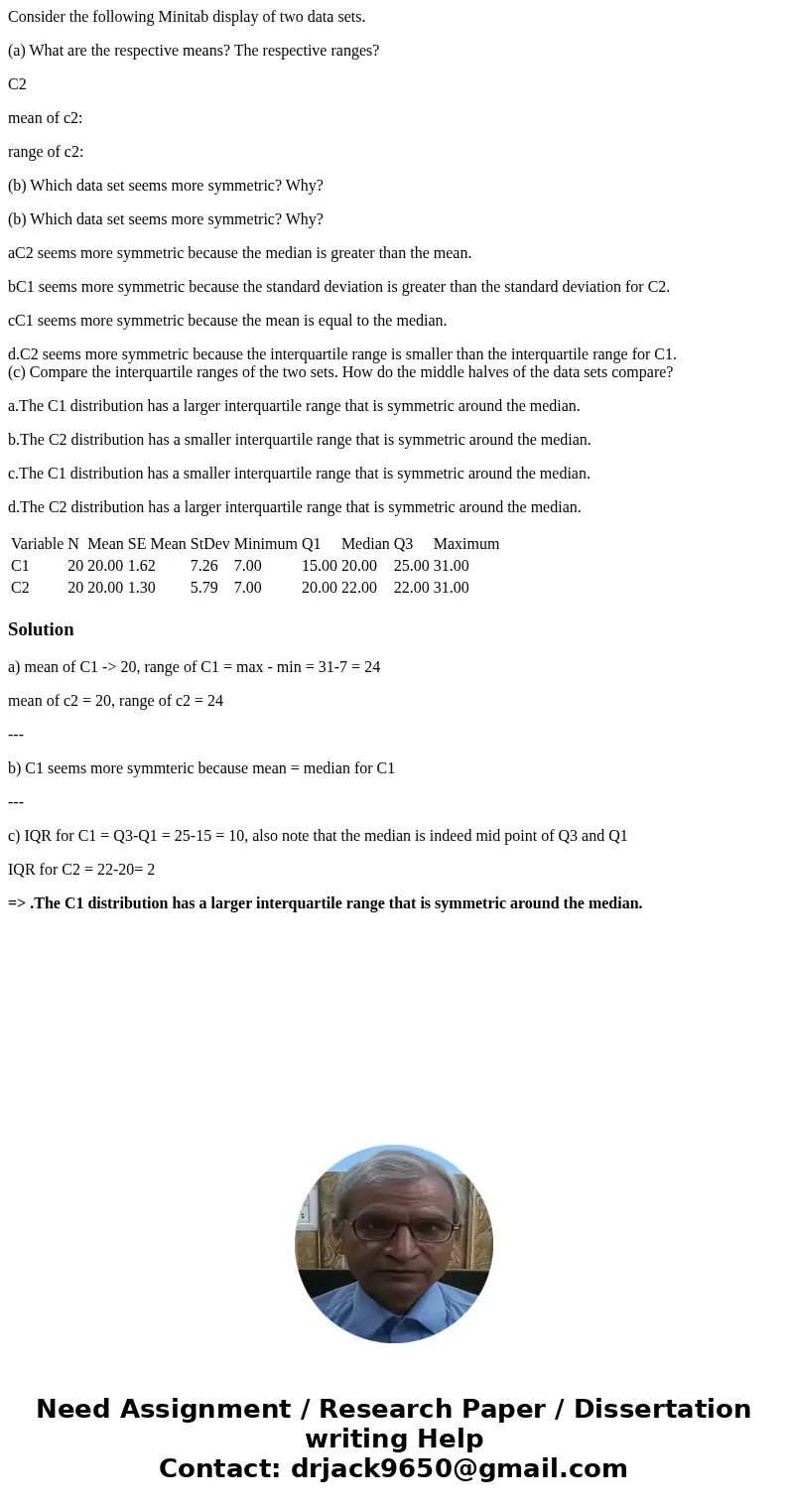 Consider the following Minitab display of two data sets. (a) What are the respective means? The respective ranges? C2 mean of c2: range of c2: (b) Which data se Consider the following Minitab display of two data sets. (a) What are the respective means? The respective ranges? C2 mean of c2: range of c2: (b) Which data se