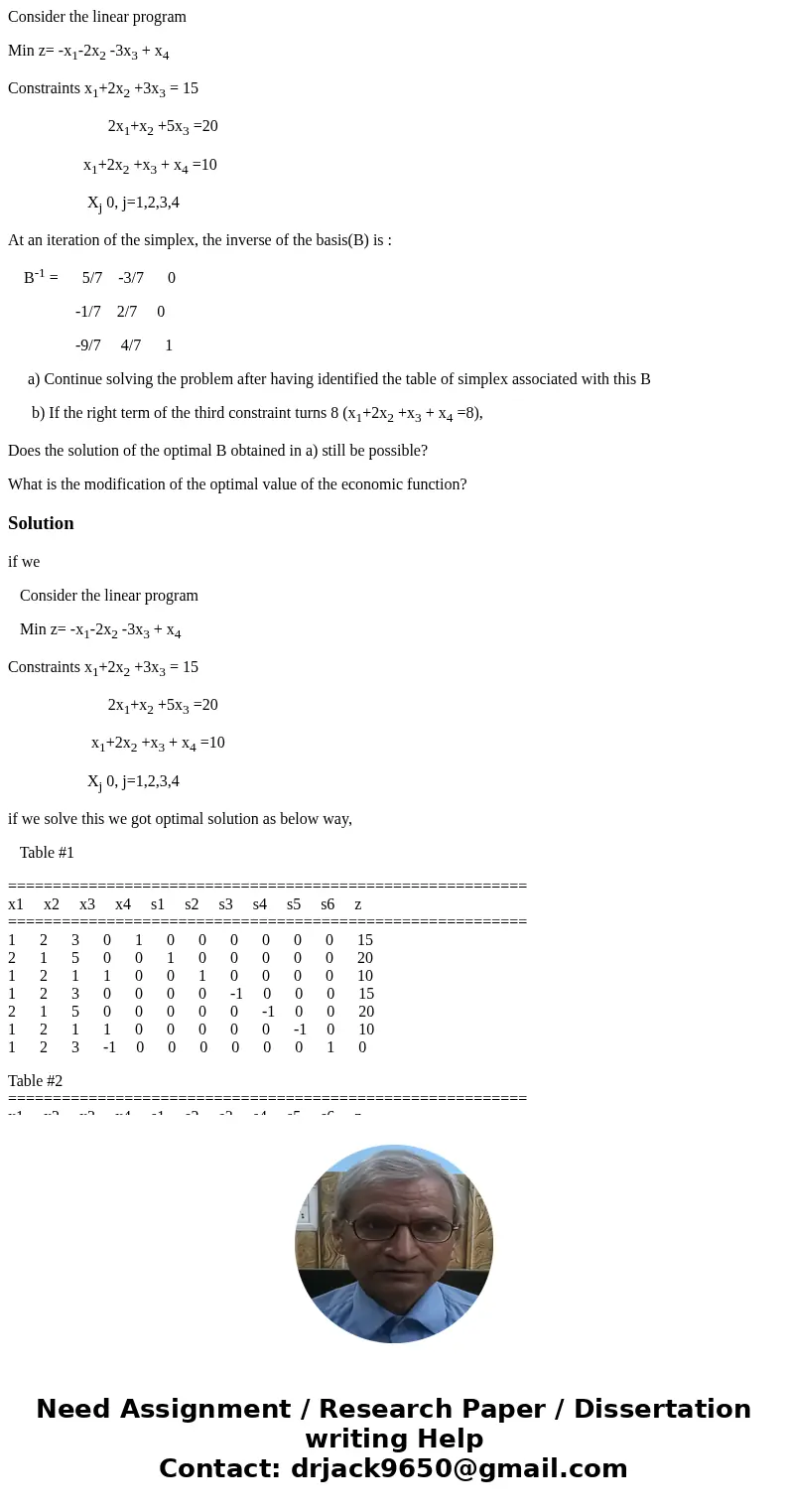 Consider the linear program Min z= -x1-2x2 -3x3 + x4 Constraints x1+2x2 +3x3 = 15 2x1+x2 +5x3 =20 x1+2x2 +x3 + x4 =10 Xj 0, j=1,2,3,4 At an iteration of the sim Consider the linear program Min z= -x1-2x2 -3x3 + x4 Constraints x1+2x2 +3x3 = 15 2x1+x2 +5x3 =20 x1+2x2 +x3 + x4 =10 Xj 0, j=1,2,3,4 At an iteration of the sim