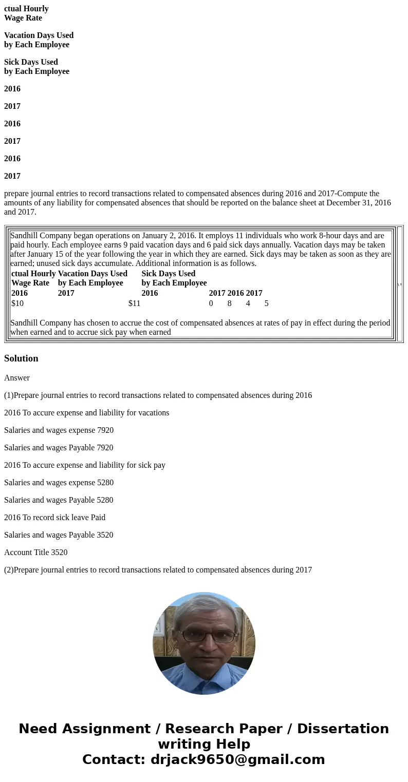 ctual Hourly Wage Rate Vacation Days Used by Each Employee Sick Days Used by Each Employee 2016 2017 2016 2017 2016 2017 prepare journal entries to record trans