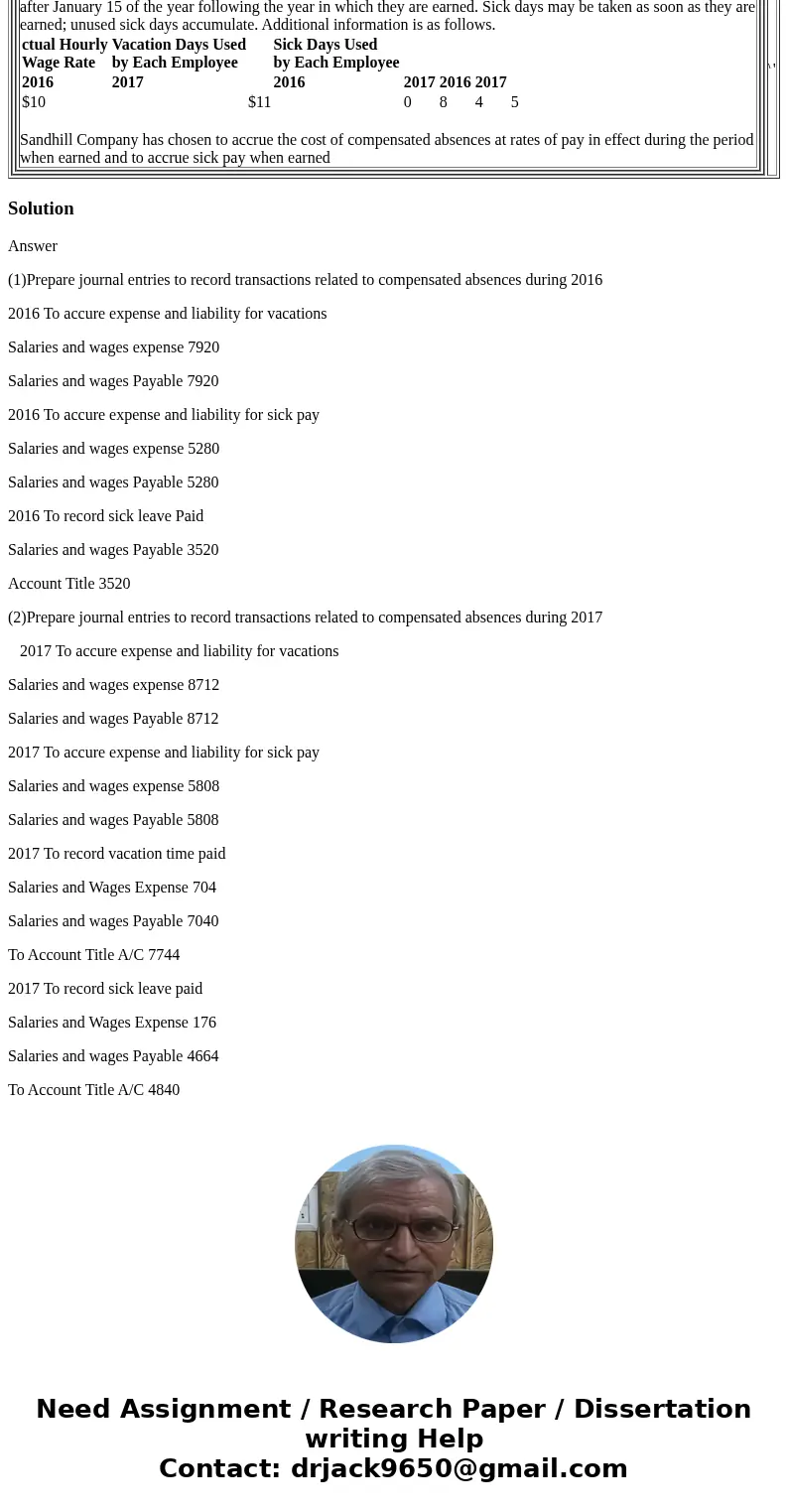 ctual Hourly Wage Rate Vacation Days Used by Each Employee Sick Days Used by Each Employee 2016 2017 2016 2017 2016 2017 prepare journal entries to record trans