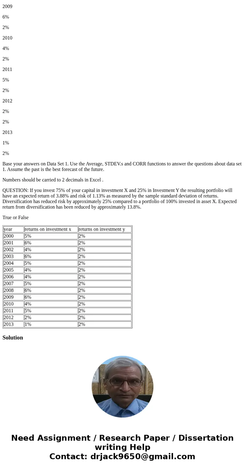 Data set 1. year returns on investment x returns on investment y 2000 5% 2% 2001 6% 2% 2002 4% 2% 2003 6% 2% 2004 5% 2% 2005 4% 2% 2006 4% 2% 2007 5% 2% 2008 6% Data set 1. year returns on investment x returns on investment y 2000 5% 2% 2001 6% 2% 2002 4% 2% 2003 6% 2% 2004 5% 2% 2005 4% 2% 2006 4% 2% 2007 5% 2% 2008 6%