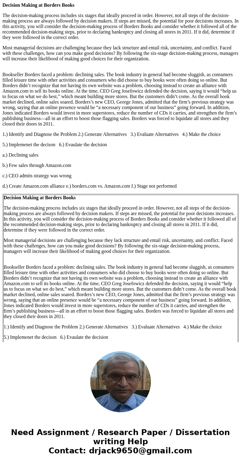 Decision Making at Borders Books The decision-making process includes six stages that ideally proceed in order. However, not all steps of the decision-making pr Decision Making at Borders Books The decision-making process includes six stages that ideally proceed in order. However, not all steps of the decision-making pr