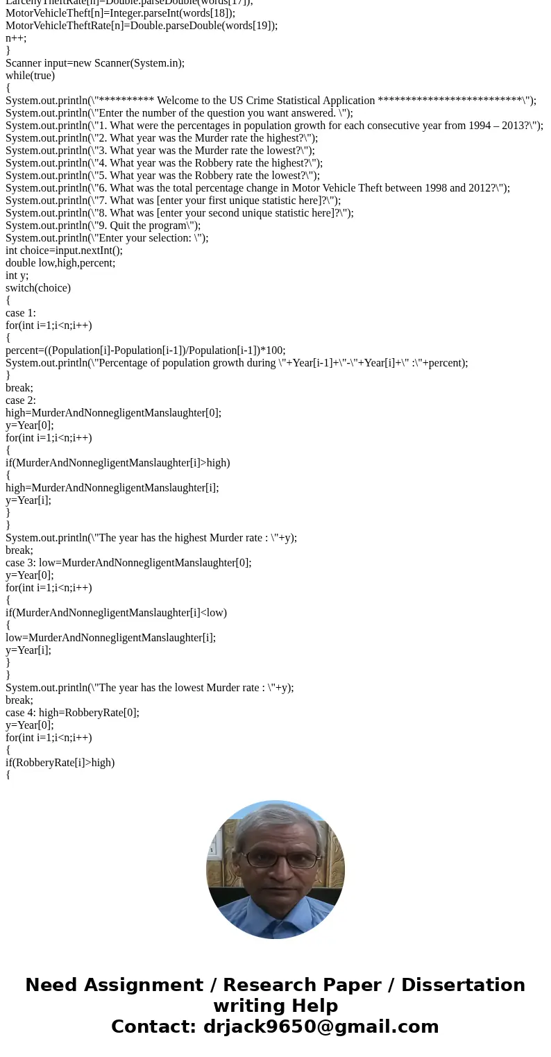 Design a Java application that will read a file containing data related to the US. Crime statistics from 1994-2013. The description of the file is shown below.  Design a Java application that will read a file containing data related to the US. Crime statistics from 1994-2013. The description of the file is shown below.