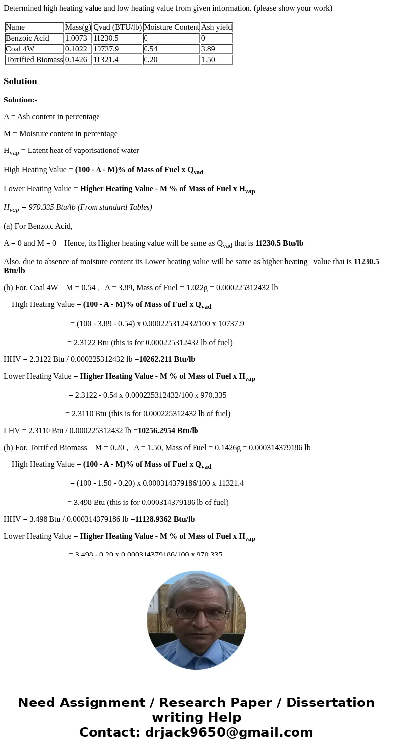 Determined high heating value and low heating value from given information. (please show your work) Name Mass(g) Qvad (BTU/lb) Moisture Content Ash yield Benzoi Determined high heating value and low heating value from given information. (please show your work) Name Mass(g) Qvad (BTU/lb) Moisture Content Ash yield Benzoi