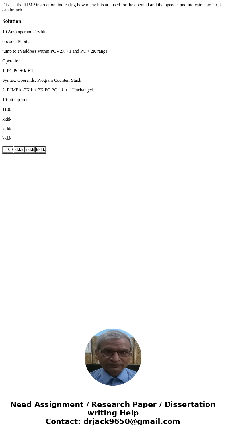 Dissect the RJMP instruction, indicating how many bits are used for the operand and the opcode, and indicate how far it can branch.Solution10 Ans) operand -16   Dissect the RJMP instruction, indicating how many bits are used for the operand and the opcode, and indicate how far it can branch.Solution10 Ans) operand -16