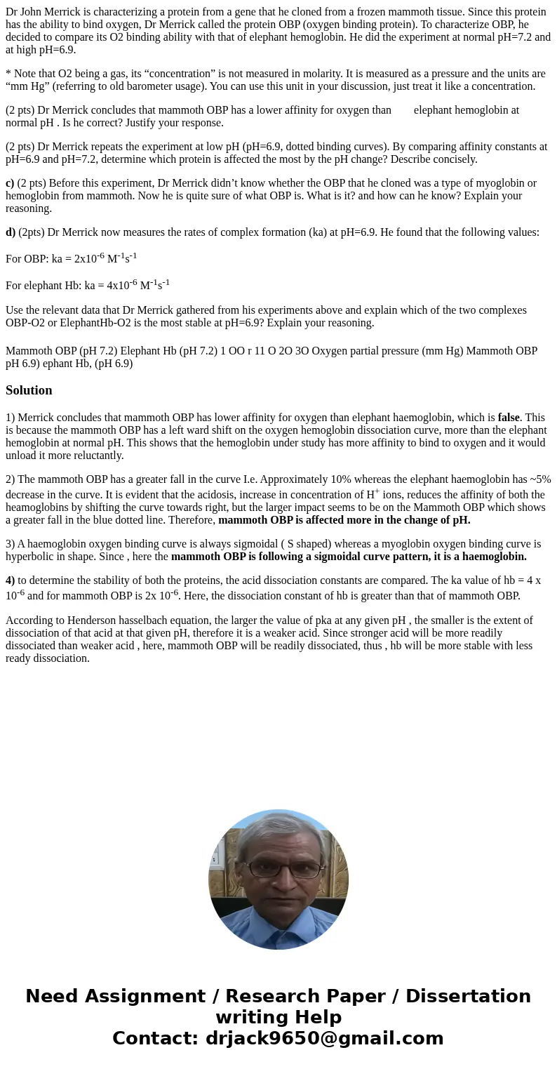 Dr John Merrick is characterizing a protein from a gene that he cloned from a frozen mammoth tissue. Since this protein has the ability to bind oxygen, Dr Merri Dr John Merrick is characterizing a protein from a gene that he cloned from a frozen mammoth tissue. Since this protein has the ability to bind oxygen, Dr Merri