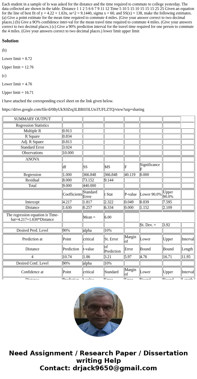  Each student in a sample of lo was asked for the distance and the time required to commute to college yesterday. The data collected are shown in the table. Dis