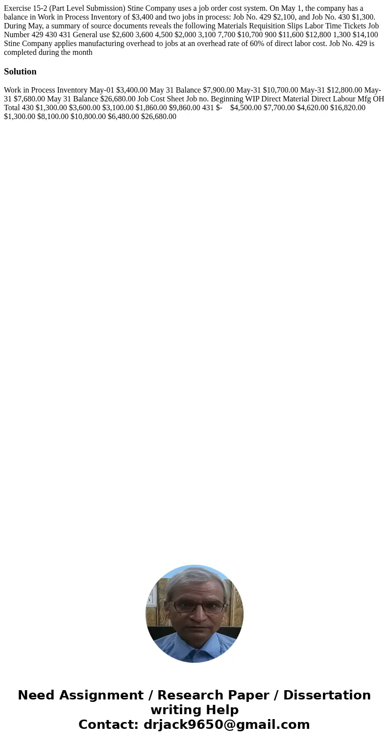 Exercise 15-2 (Part Level Submission) Stine Company uses a job order cost system. On May 1, the company has a balance in Work in Process Inventory of $3,400 an  Exercise 15-2 (Part Level Submission) Stine Company uses a job order cost system. On May 1, the company has a balance in Work in Process Inventory of $3,400 an