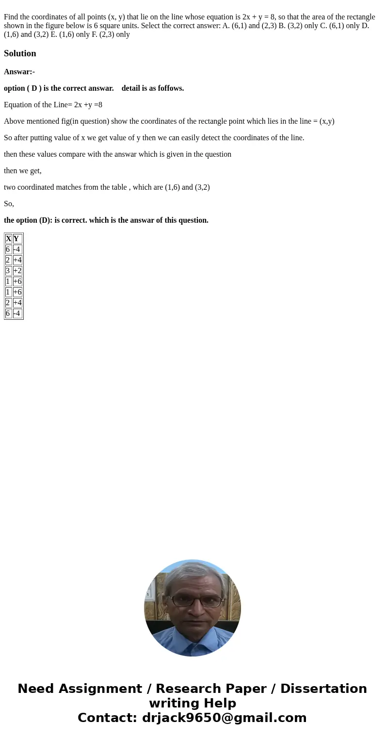 Find the coordinates of all points (x, y) that lie on the line whose equation is 2x + y = 8, so that the area of the rectangle shown in the figure below is 6 s  Find the coordinates of all points (x, y) that lie on the line whose equation is 2x + y = 8, so that the area of the rectangle shown in the figure below is 6 s