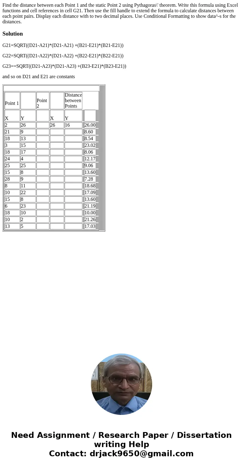  Find the distance between each Point 1 and the static Point 2 using Pythagoras\' theorem. Write this formula using Excel functions and cell references in cell 