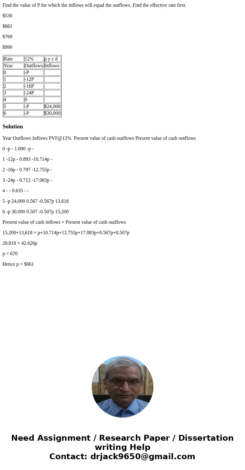 Find the value of P for which the inflows will equal the outflows. Find the effective rate first. $530 $661 $769 $990 Rate 12% p y c d Year Outflows Inflows 0 - Find the value of P for which the inflows will equal the outflows. Find the effective rate first. $530 $661 $769 $990 Rate 12% p y c d Year Outflows Inflows 0 -