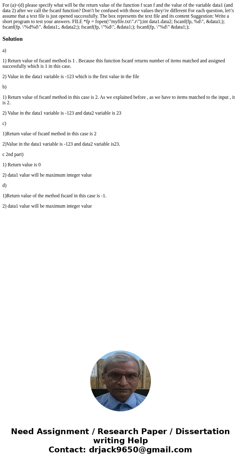 For (a)~(d) please specify what will be the return value of the function f scan f and the value of the variable data1 (and data 2) after we call the fscanf fun  For (a)~(d) please specify what will be the return value of the function f scan f and the value of the variable data1 (and data 2) after we call the fscanf fun