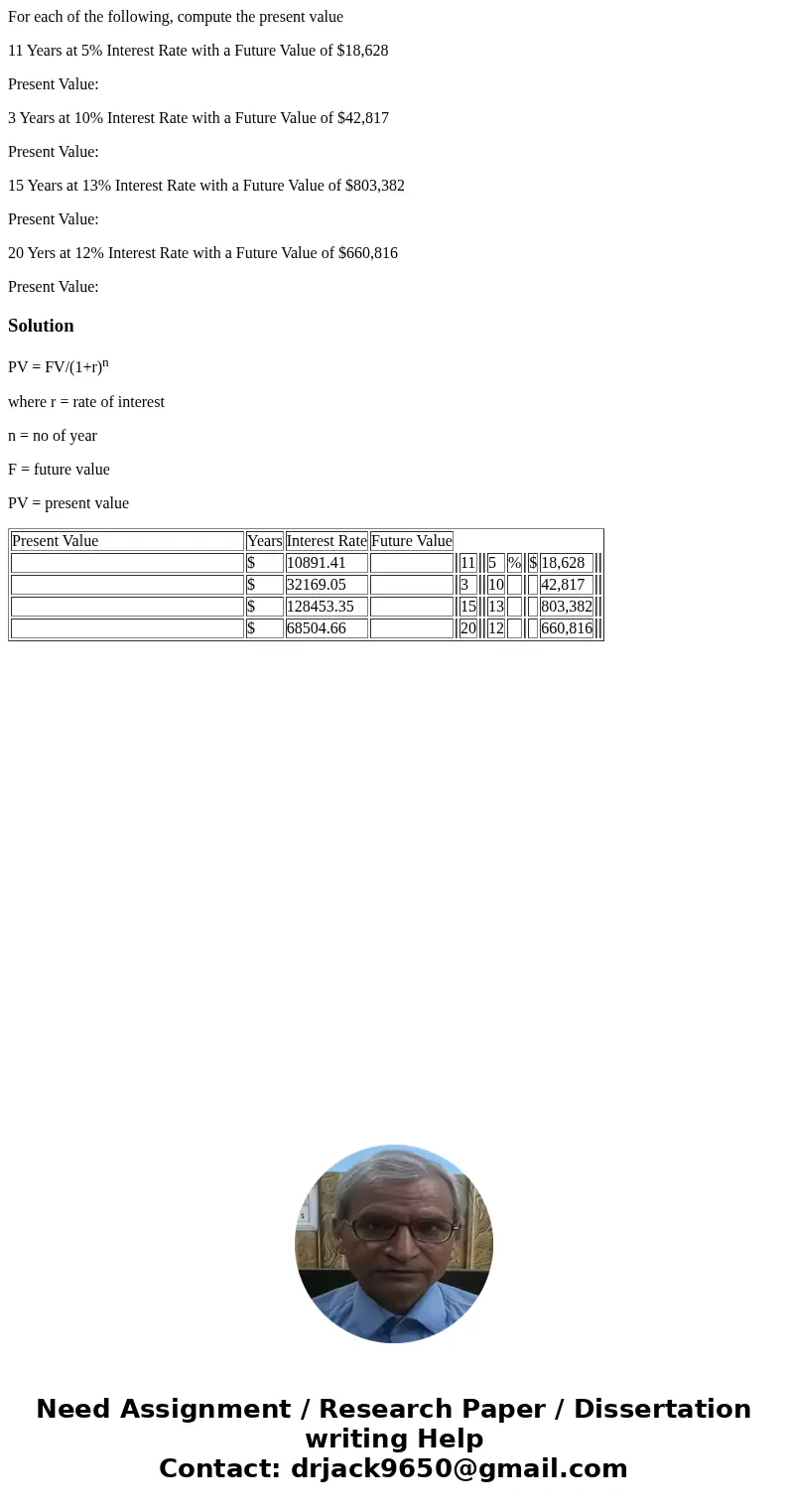 For each of the following, compute the present value 11 Years at 5% Interest Rate with a Future Value of $18,628 Present Value: 3 Years at 10% Interest Rate wit