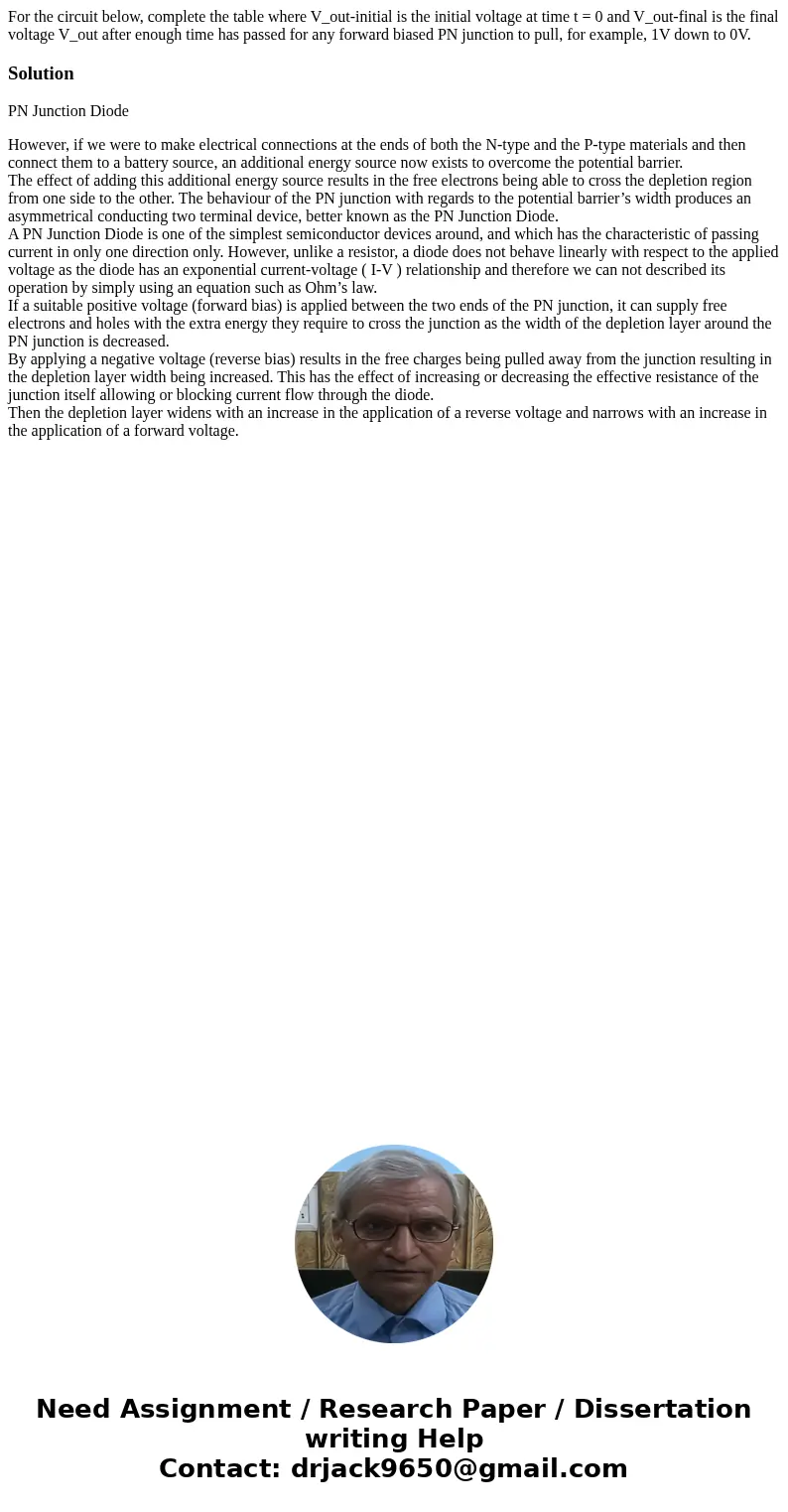 For the circuit below, complete the table where V_out-initial is the initial voltage at time t = 0 and V_out-final is the final voltage V_out after enough time  For the circuit below, complete the table where V_out-initial is the initial voltage at time t = 0 and V_out-final is the final voltage V_out after enough time