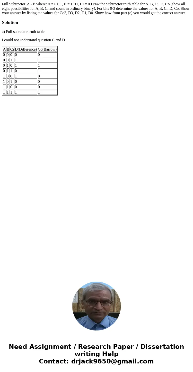 Full Subtractor. A - B where: A = 0111, B = 1011, Ci = 0 Draw the Subtractor truth table for A, B, Ci, D, Co (show all eight possibilities for A, B, Ci and cou  Full Subtractor. A - B where: A = 0111, B = 1011, Ci = 0 Draw the Subtractor truth table for A, B, Ci, D, Co (show all eight possibilities for A, B, Ci and cou