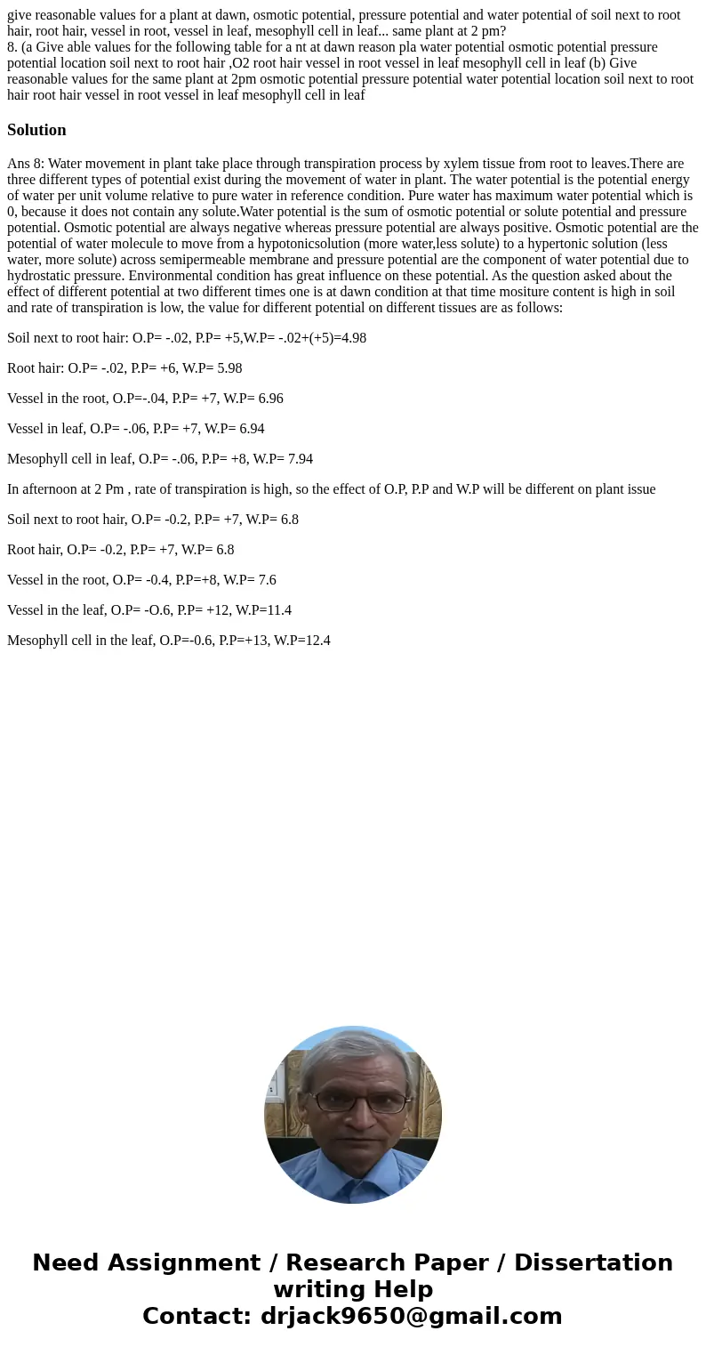 give reasonable values for a plant at dawn, osmotic potential, pressure potential and water potential of soil next to root hair, root hair, vessel in root, vess give reasonable values for a plant at dawn, osmotic potential, pressure potential and water potential of soil next to root hair, root hair, vessel in root, vess