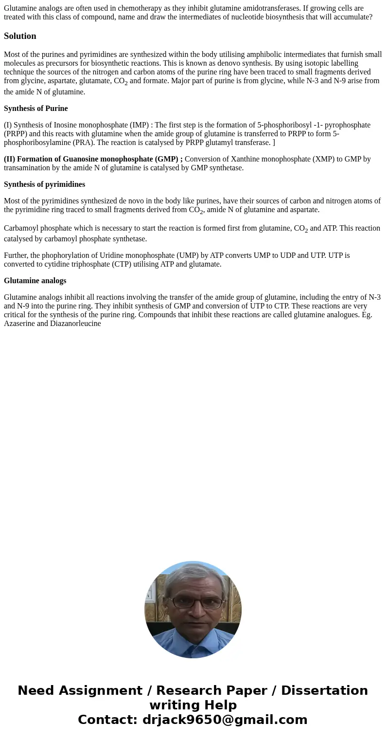 Glutamine analogs are often used in chemotherapy as they inhibit glutamine amidotransferases. If growing cells are treated with this class of compound, name and Glutamine analogs are often used in chemotherapy as they inhibit glutamine amidotransferases. If growing cells are treated with this class of compound, name and