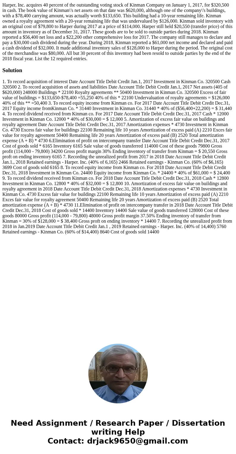 Harper, Inc. acquires 40 percent of the outstanding voting stock of Kinman Company on January 1, 2017, for $320,500 in cash. The book value of Kinman\'s net ass