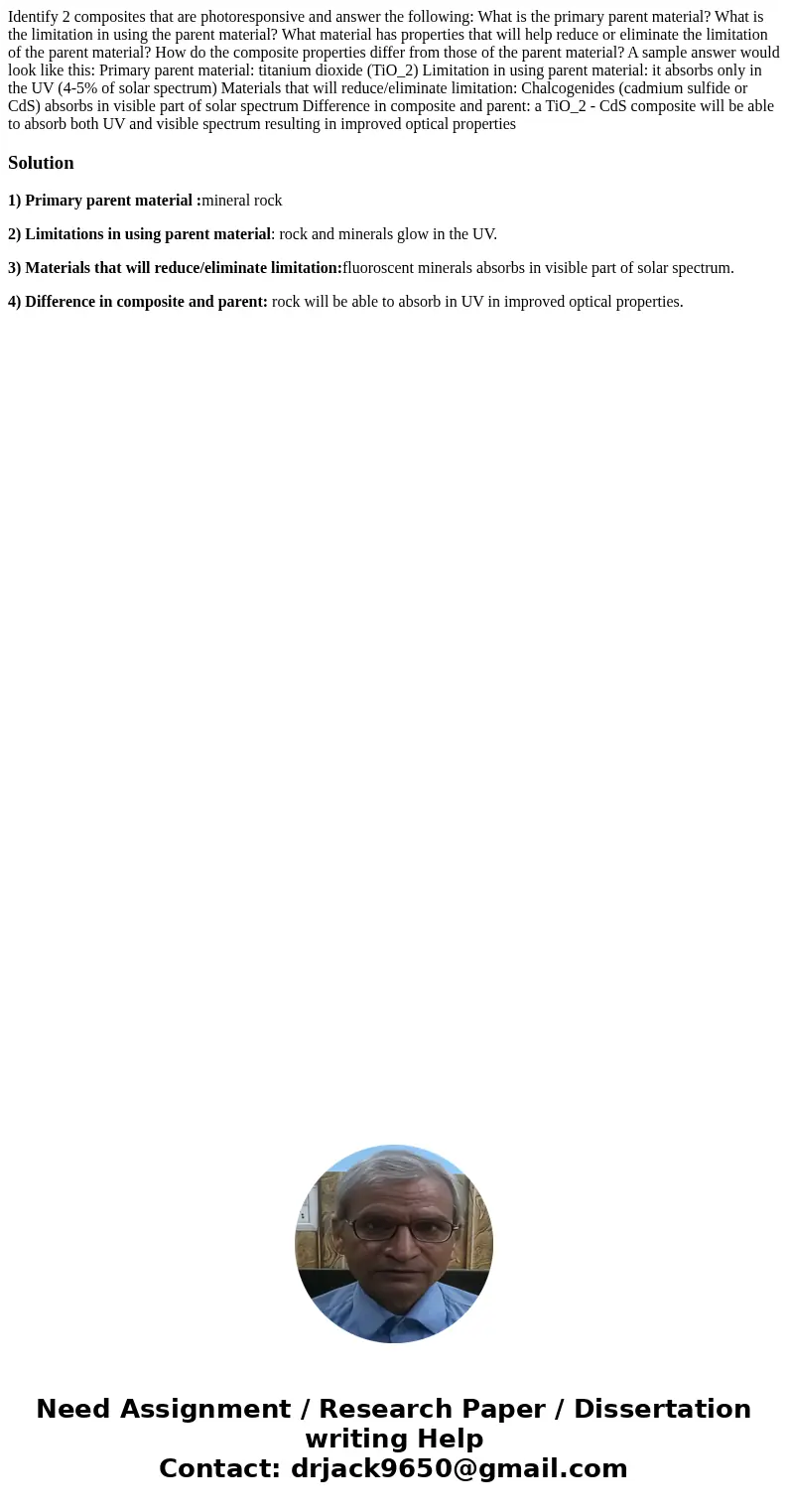 Identify 2 composites that are photoresponsive and answer the following: What is the primary parent material? What is the limitation in using the parent materi  Identify 2 composites that are photoresponsive and answer the following: What is the primary parent material? What is the limitation in using the parent materi