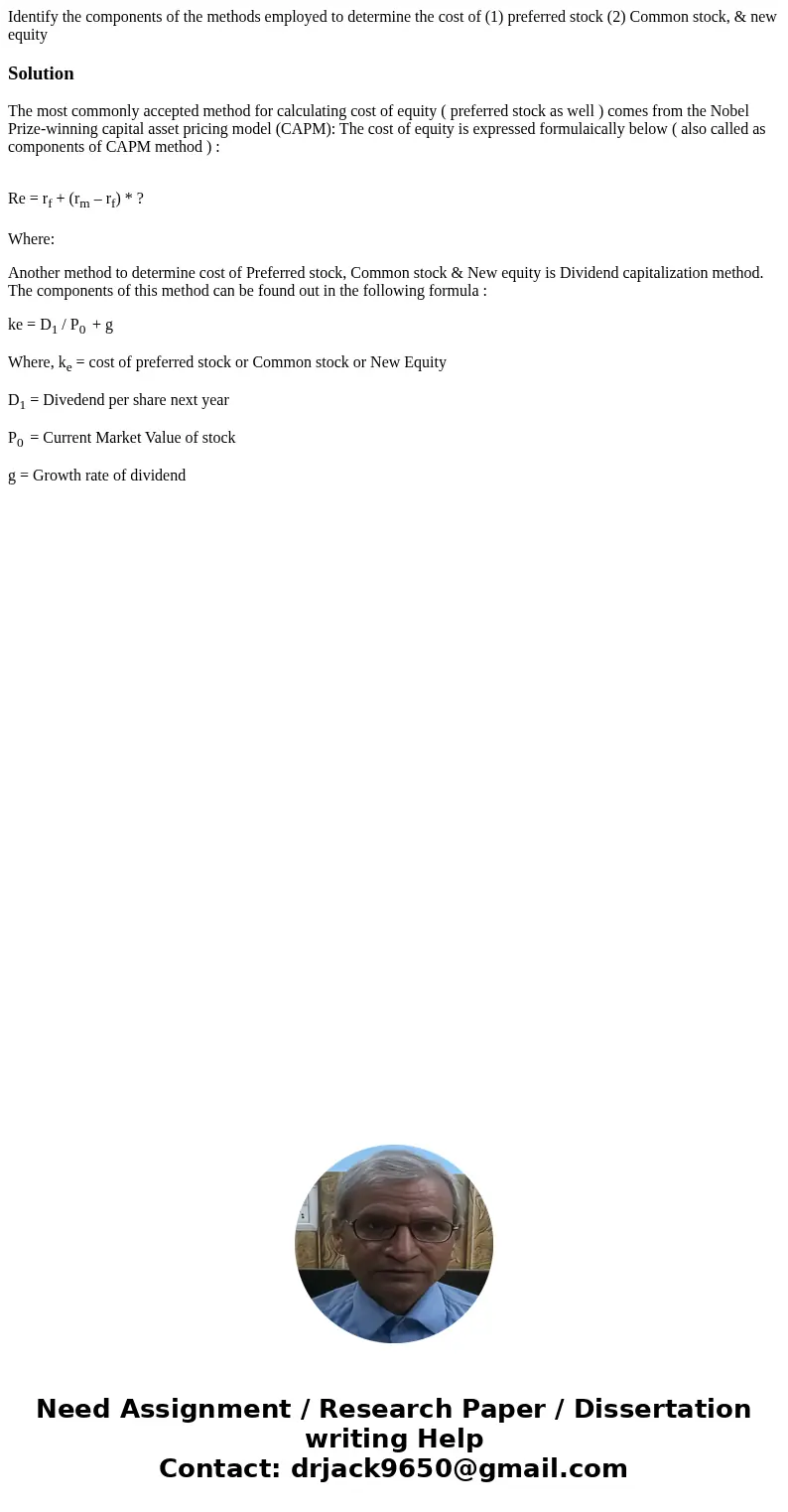 Identify the components of the methods employed to determine the cost of (1) preferred stock (2) Common stock, & new equitySolutionThe most commonly accepte Identify the components of the methods employed to determine the cost of (1) preferred stock (2) Common stock, & new equitySolutionThe most commonly accepte