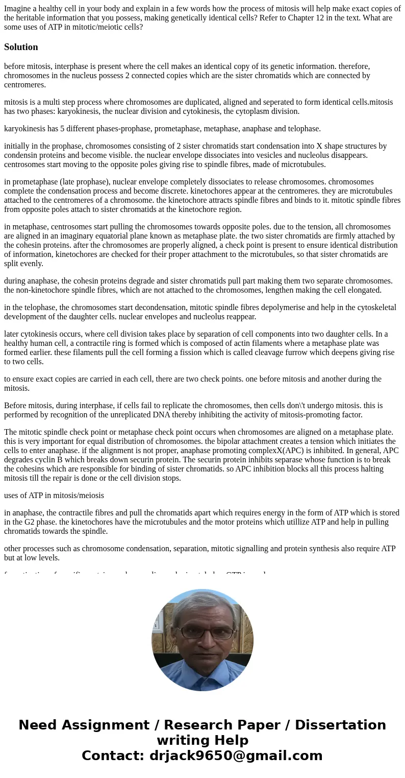Imagine a healthy cell in your body and explain in a few words how the process of mitosis will help make exact copies of the heritable information that you pos  Imagine a healthy cell in your body and explain in a few words how the process of mitosis will help make exact copies of the heritable information that you pos