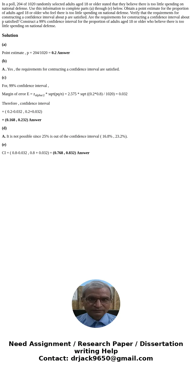In a poll, 204 of 1020 randomly selected adults aged 18 or older stated that they believe there is too little spending on national defense. Use this informatio  In a poll, 204 of 1020 randomly selected adults aged 18 or older stated that they believe there is too little spending on national defense. Use this informatio