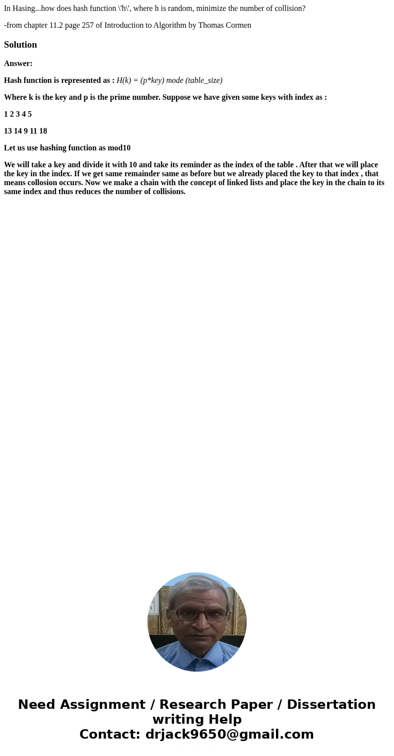 In Hasing...how does hash function \'h\', where h is random, minimize the number of collision? -from chapter 11.2 page 257 of Introduction to Algorithm by Thoma