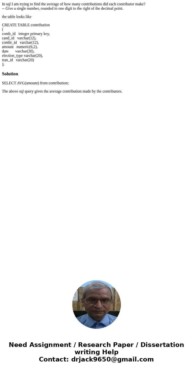 In sql I am trying to find the average of how many contributions did each contributor make? -- Give a single number, rounded to one digit to the right of the de In sql I am trying to find the average of how many contributions did each contributor make? -- Give a single number, rounded to one digit to the right of the de