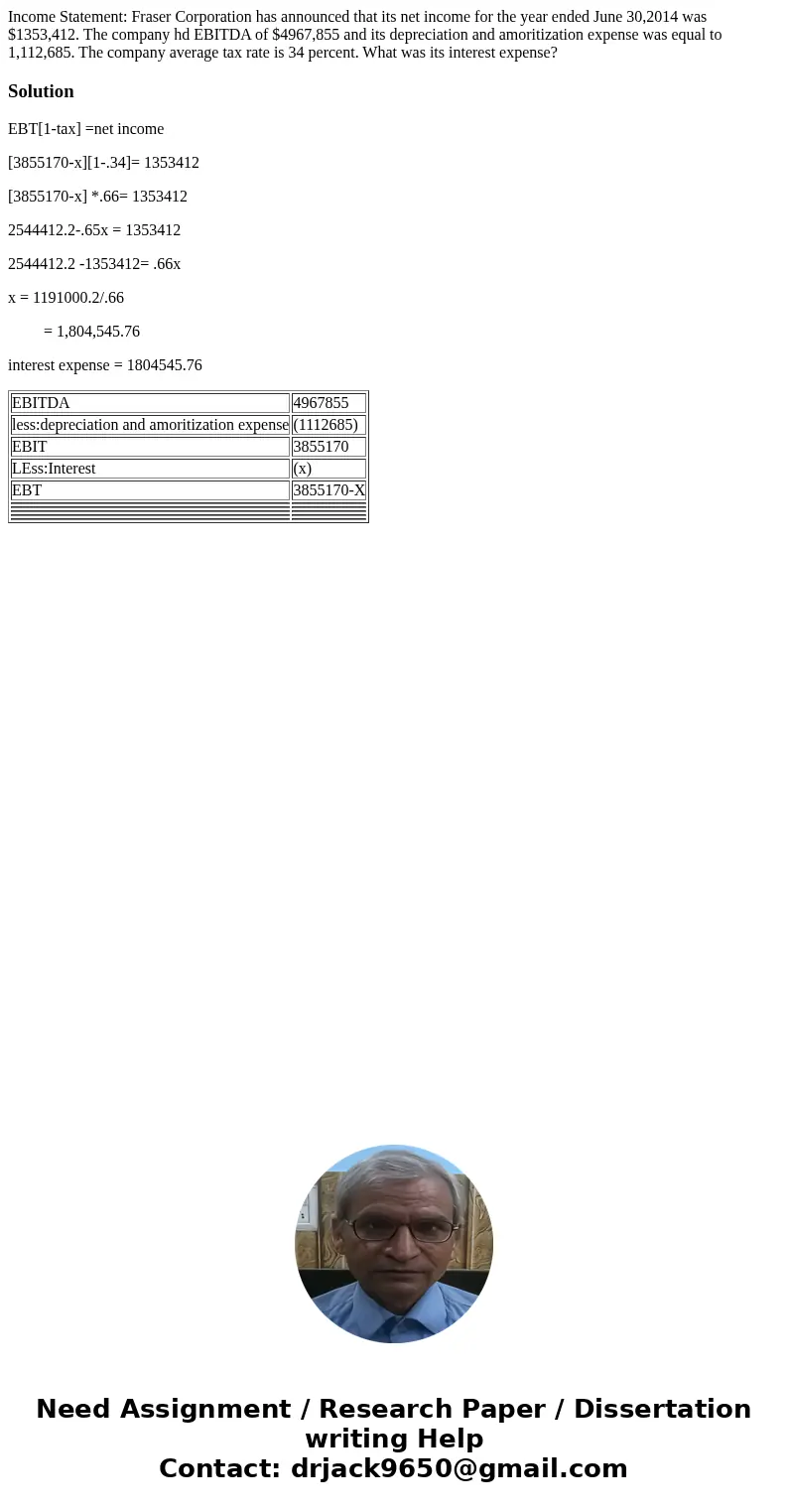 Income Statement: Fraser Corporation has announced that its net income for the year ended June 30,2014 was $1353,412. The company hd EBITDA of $4967,855 and its Income Statement: Fraser Corporation has announced that its net income for the year ended June 30,2014 was $1353,412. The company hd EBITDA of $4967,855 and its