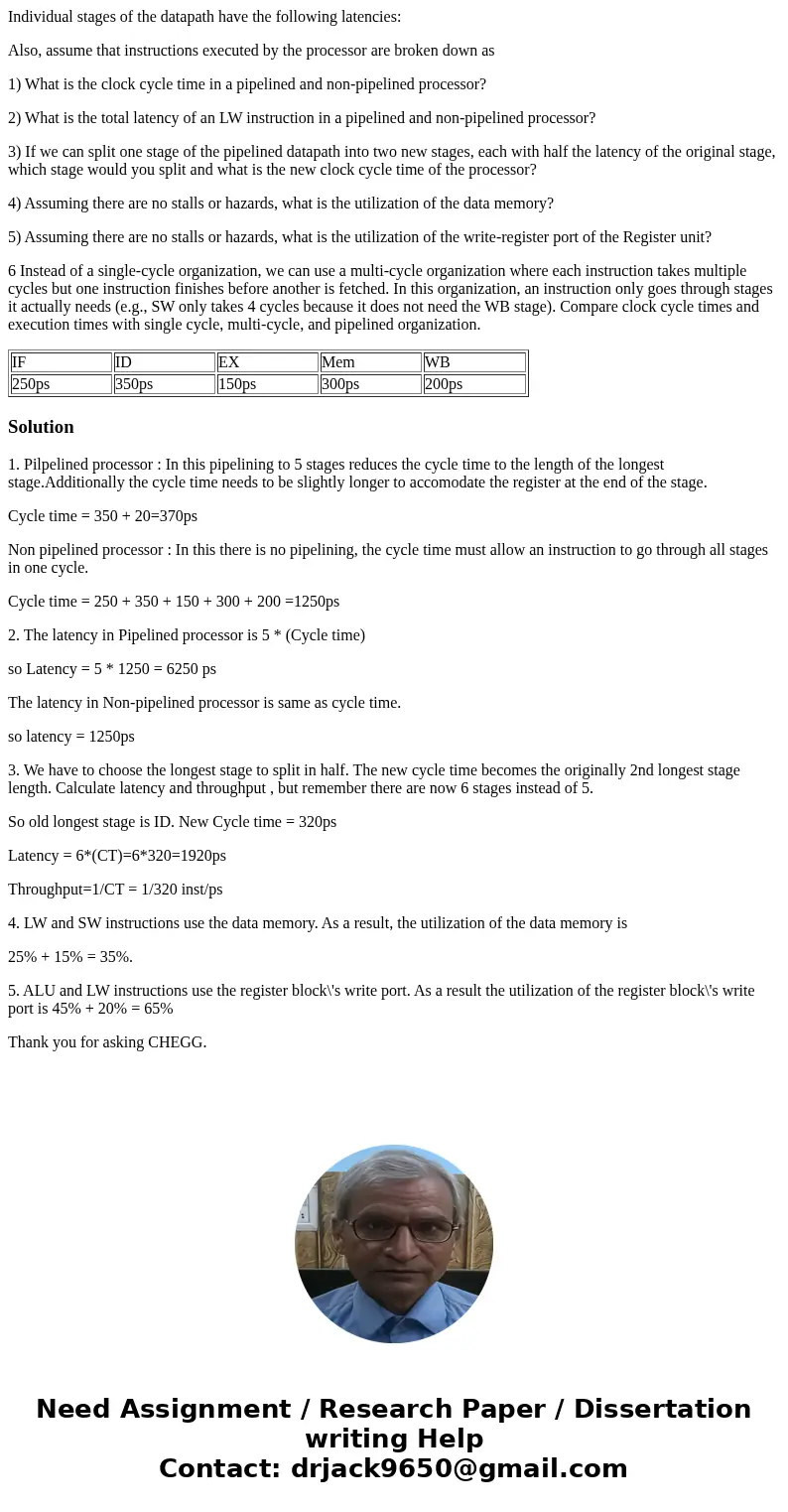Individual stages of the datapath have the following latencies: Also, assume that instructions executed by the processor are broken down as 1) What is the clock Individual stages of the datapath have the following latencies: Also, assume that instructions executed by the processor are broken down as 1) What is the clock