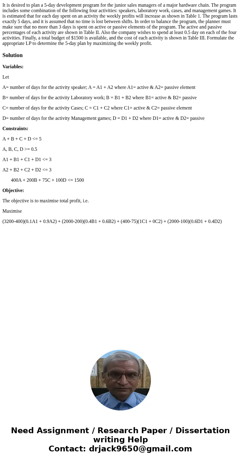 It is desired to plan a 5-day development program for the junior sales managers of a major hardware chain. The program includes some combination of the followi  It is desired to plan a 5-day development program for the junior sales managers of a major hardware chain. The program includes some combination of the followi