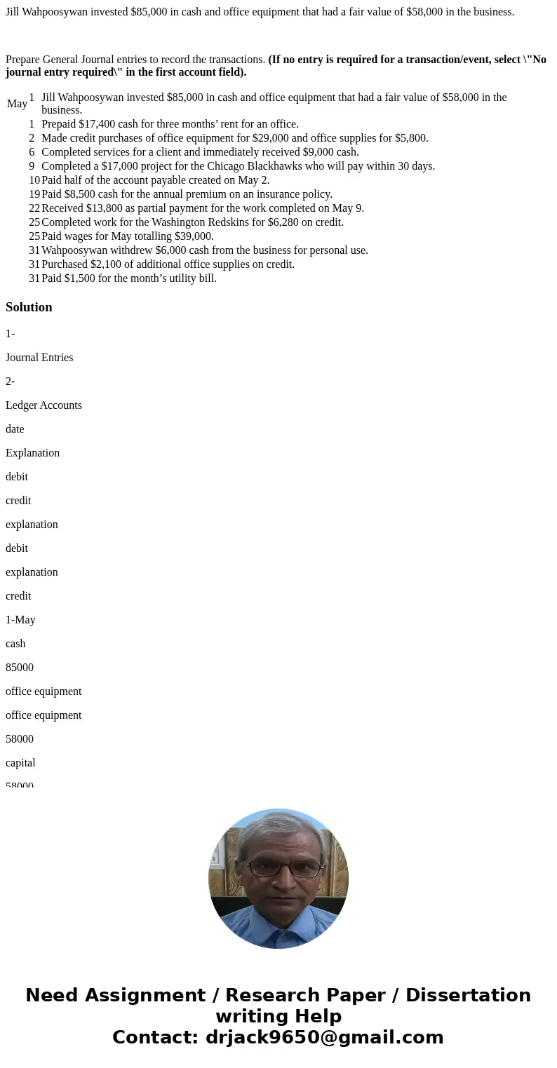 Jill Wahpoosywan invested $85,000 in cash and office equipment that had a fair value of $58,000 in the business. Prepare General Journal entries to record the t Jill Wahpoosywan invested $85,000 in cash and office equipment that had a fair value of $58,000 in the business. Prepare General Journal entries to record the t