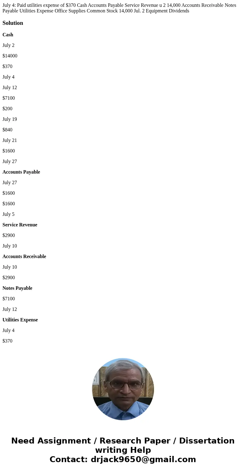  July 4: Paid utilities expense of $370 Cash Accounts Payable Service Revenue u 2 14,000 Accounts Receivable Notes Payable Utilities Expense Office Supplies Com