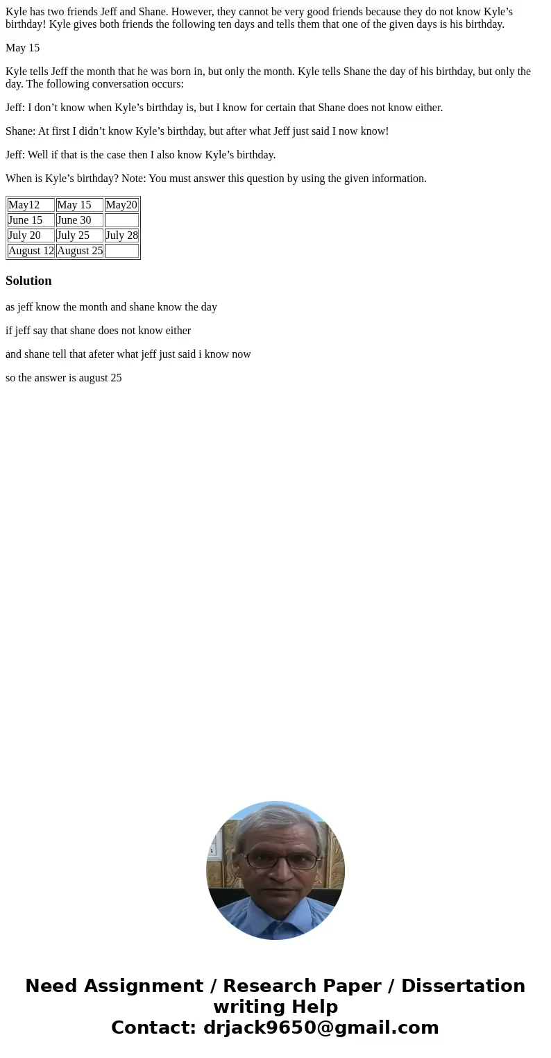 Kyle has two friends Jeff and Shane. However, they cannot be very good friends because they do not know Kyle’s birthday! Kyle gives both friends the following t Kyle has two friends Jeff and Shane. However, they cannot be very good friends because they do not know Kyle’s birthday! Kyle gives both friends the following t