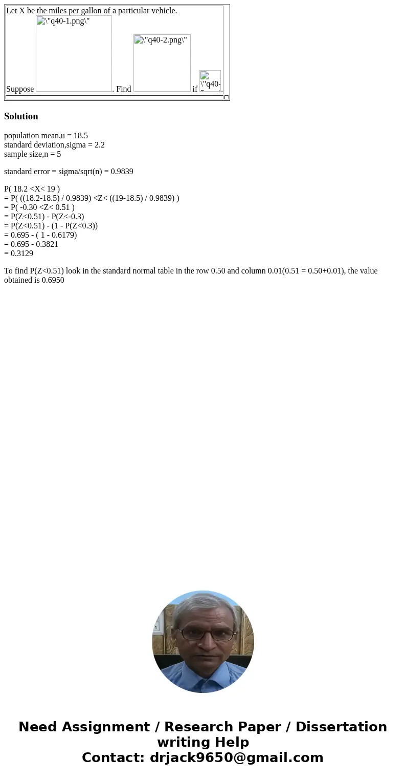  Let X be the miles per gallon of a particular vehicle. Suppose . Find if . Solutionpopulation mean,u = 18.5 standard deviation,sigma = 2.2 sample size,n = 5 st