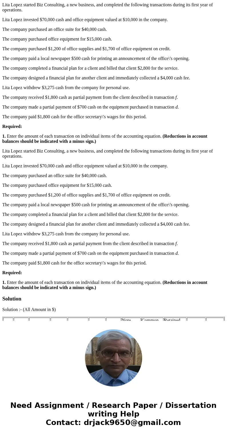 Lita Lopez started Biz Consulting, a new business, and completed the following transactions during its first year of operations. Lita Lopez invested $70,000 cas Lita Lopez started Biz Consulting, a new business, and completed the following transactions during its first year of operations. Lita Lopez invested $70,000 cas