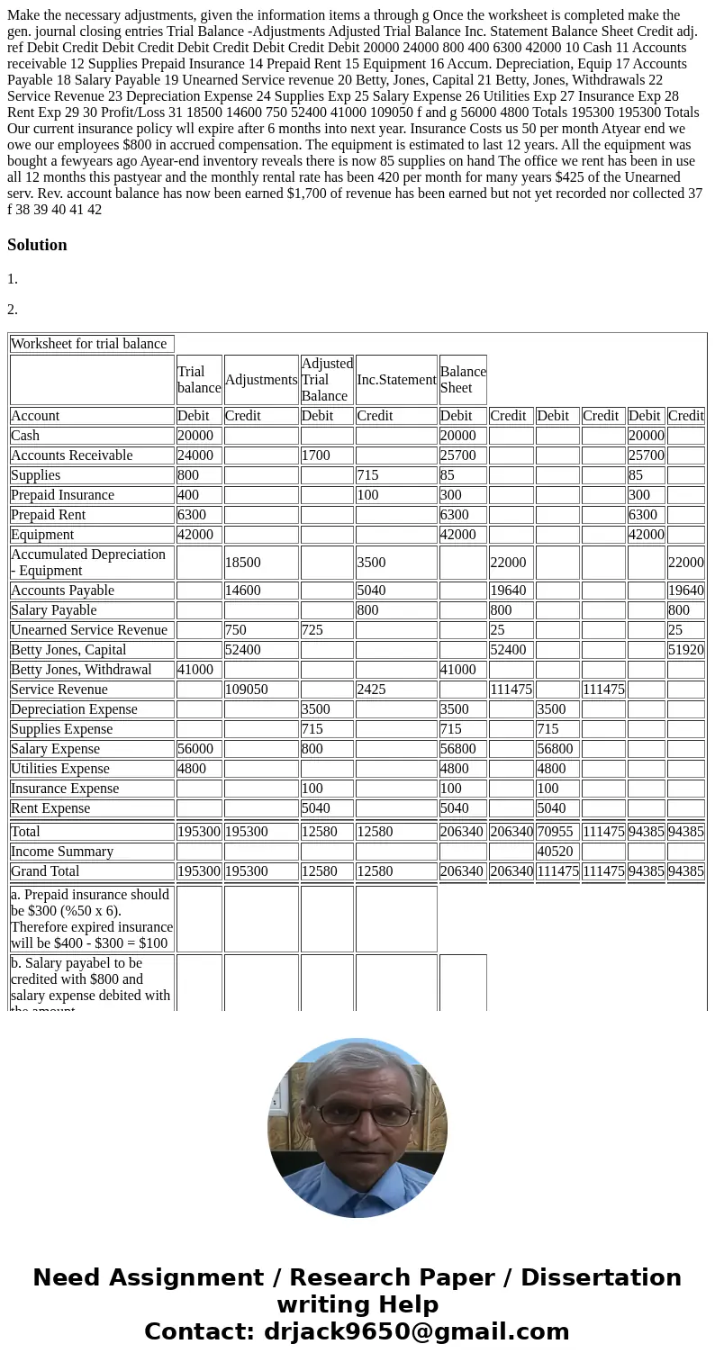  Make the necessary adjustments, given the information items a through g Once the worksheet is completed make the gen. journal closing entries Trial Balance -Ad
