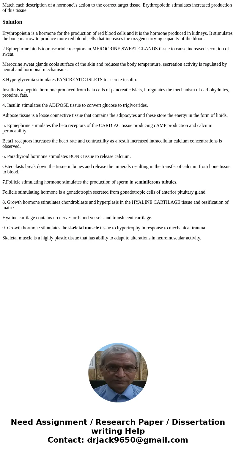 Match each description of a hormone\'s action to the correct target tissue. Erythropoietin stimulates increased production of this tissue. SolutionErythropoiet  Match each description of a hormone\'s action to the correct target tissue. Erythropoietin stimulates increased production of this tissue. SolutionErythropoiet