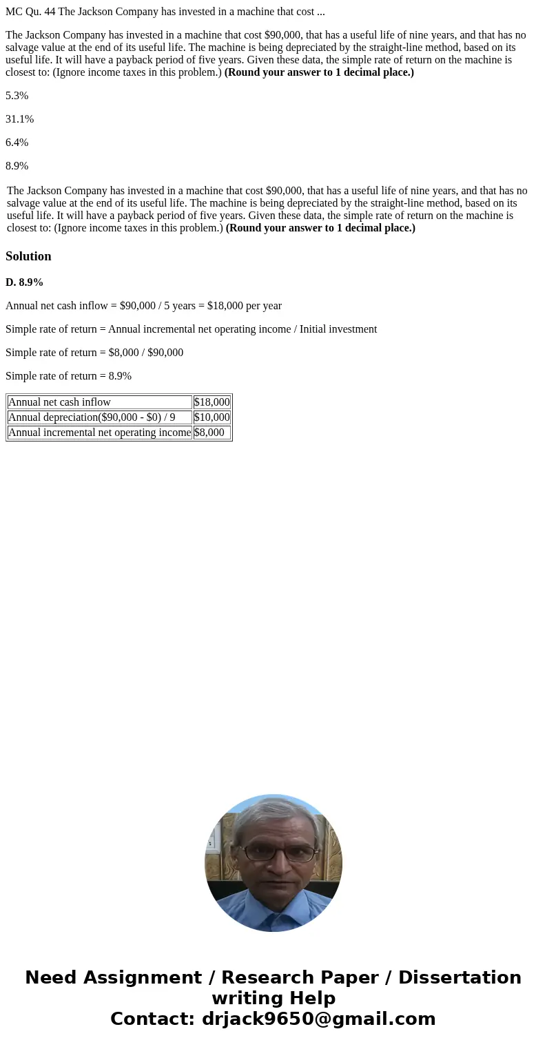 MC Qu. 44 The Jackson Company has invested in a machine that cost ... The Jackson Company has invested in a machine that cost $90,000, that has a useful life of MC Qu. 44 The Jackson Company has invested in a machine that cost ... The Jackson Company has invested in a machine that cost $90,000, that has a useful life of