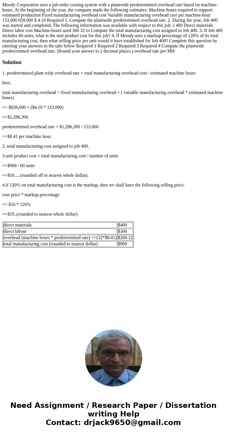 Moody Corporation uses a job-order costing system with a plantwide predetermined overhead rate based on machine-hours. At the beginning of the year, the compan  Moody Corporation uses a job-order costing system with a plantwide predetermined overhead rate based on machine-hours. At the beginning of the year, the compan