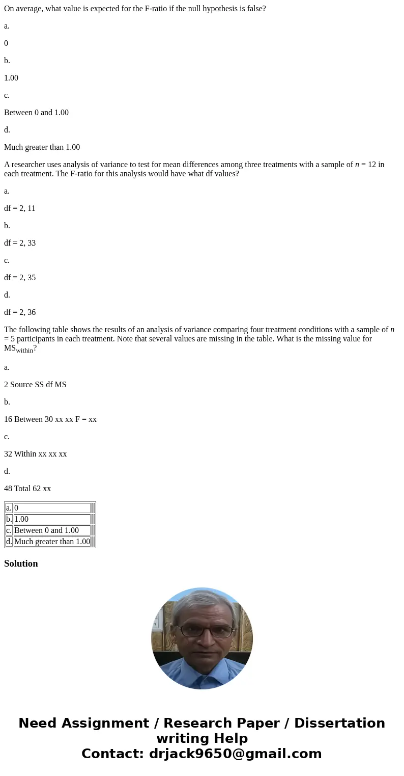 On average, what value is expected for the F-ratio if the null hypothesis is false? a. 0 b. 1.00 c. Between 0 and 1.00 d. Much greater than 1.00 A researcher us On average, what value is expected for the F-ratio if the null hypothesis is false? a. 0 b. 1.00 c. Between 0 and 1.00 d. Much greater than 1.00 A researcher us