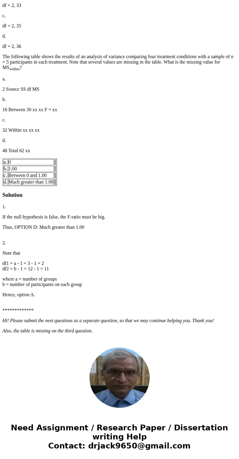 On average, what value is expected for the F-ratio if the null hypothesis is false? a. 0 b. 1.00 c. Between 0 and 1.00 d. Much greater than 1.00 A researcher us On average, what value is expected for the F-ratio if the null hypothesis is false? a. 0 b. 1.00 c. Between 0 and 1.00 d. Much greater than 1.00 A researcher us